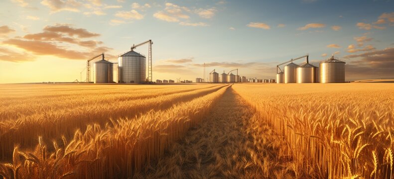 a field of wheat with silos in the background