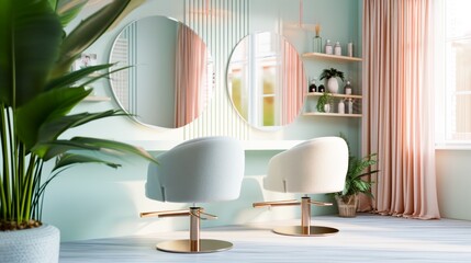Pastel salon interior with green plants and modern chairs.