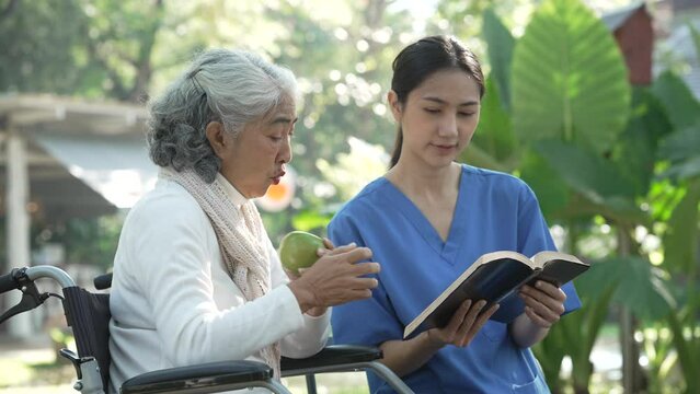 Compassionate Asian woman provides care to  elderly person in wheelchair outdoors. Engaging in physical therapy, happiness, encouraging positive environment for mature individuals with grey hair.