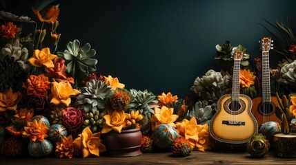 Cinco de Mayo background decorated with hats, flowers and typical Mexican ornaments