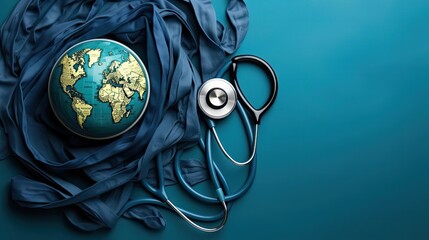 world health day concept background with planet earth ornament on blue background