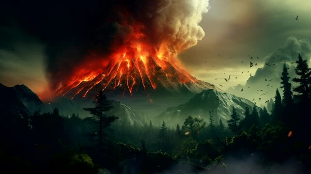 Volcano erupting scene, animated virtual repeating seamless 4k	