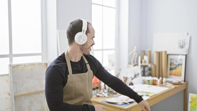 A smiling bald man with a beard wearing headphones and an apron stands in a bright art studio, holding a painter's palette and engaging in creative work.