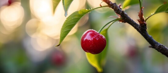 Obraz premium A closeup shot of a ripe cherry hanging from a twig on a fruit tree, showcasing the beauty of natural foods produced by terrestrial plants