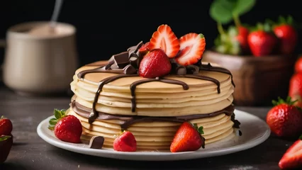 Fototapeten Photo Of A Crepe Cake Topping By Strawberry And Chocolate. © Pixel Matrix