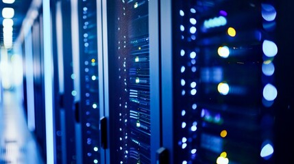 Rack servers in a data center illuminated with blue lights. - obrazy, fototapety, plakaty