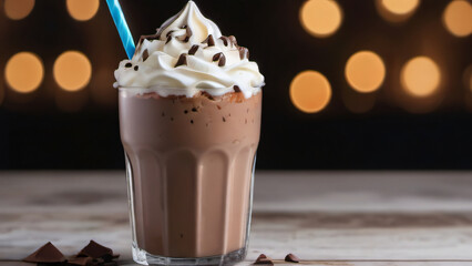 Photo Of A Chocolate Milkshake, Topped With Whipped Cream And Chocolate Chips.