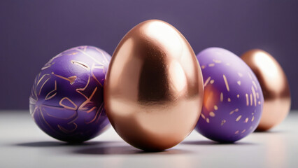 Photo Of Easter Eggs Isolated Against A White Background, Partially Unwrapped Chocolate Eggs With Patterned Purple And Rose Gold Foil, 3D Render.