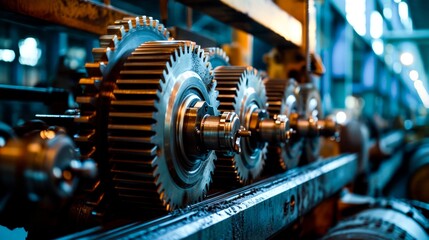 Fototapeta na wymiar Metallic gears in machinery, symbolizing precision and industrial engineering.Precision Engineering Gears. 