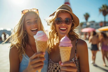 Two young women in summer attire share a joyful moment while holding ice cream cones on a beach with a festive atmosphere