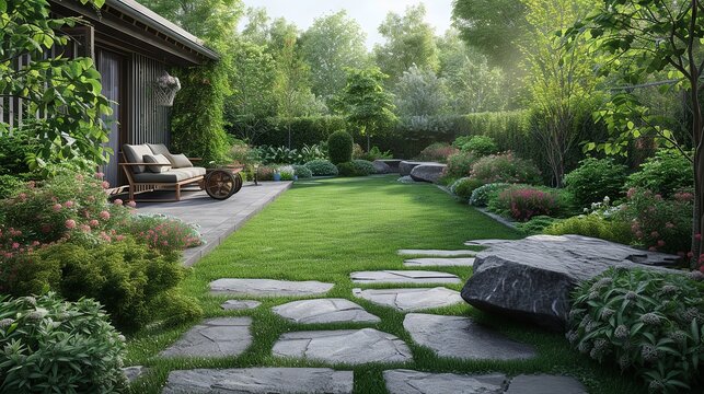 Tranquil backyard garden with natural stone pathway leading to a cozy outdoor seating area