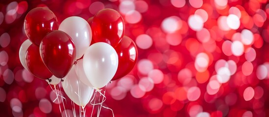 a bunch of red and white balloons on a red background . High quality