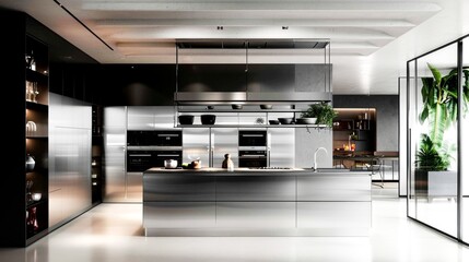 Stylish modern kitchen with metallic finishes and a minimalist aesthetic.