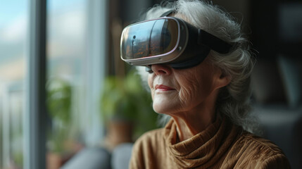 A virtual reality headset displays an immersive visualization of a persons retirement journey showing their progress through different stages such as early career peak earning