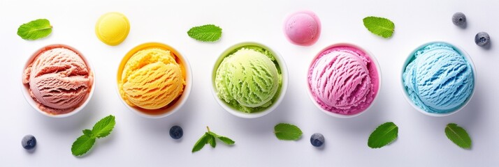Various flavored ice cream scoops in a row, white background