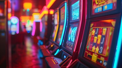Fototapeta na wymiar High-stakes casino slot machine area vibrant with colorful lighting