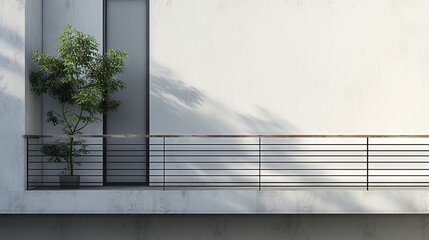 Modern urban balcony with a minimalist black railing and potted green plants