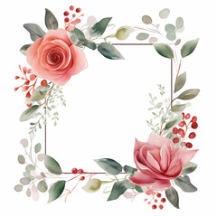 A collection of frames of foliage plants and roses on a white background. Botanical spring summer leaves illustration. Suitable for wedding invitations, greeting cards, frames and bouquets