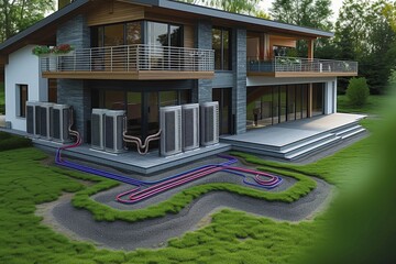 Modern stylish home with visible geothermal heating system pipes around the exterior, symbolizing sustainable living
