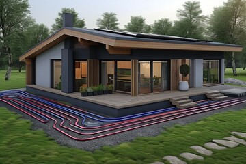 Sleek contemporary house with a diagram of the in-built geothermal heating system illustrating eco-efficient innovation