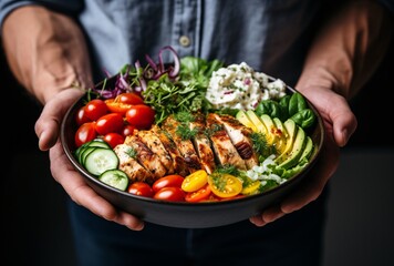 a person holding a bowl of food - obrazy, fototapety, plakaty