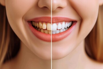 Image presenting a stark comparison between yellow stained teeth and post-whitening bright smile