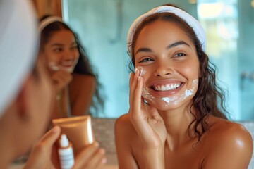 A happy woman smiles as she applies a facial skincare product, looking at her mirror image with satisfaction - obrazy, fototapety, plakaty