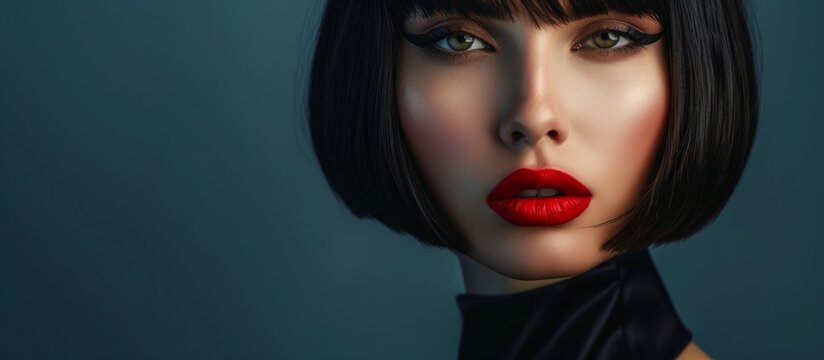 a close up of a woman s face with red lipstick . High quality