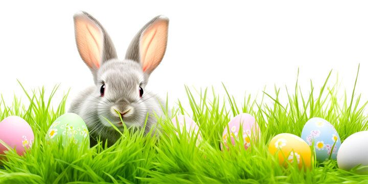 Easter bunny and easter eggs on green grass field, spring meadow. Isolated on white background grey rabbit for copy space text. Easter concept banner, illustration by Vita