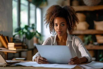 Fotobehang A young woman with an afro hairstyle carefully reviews papers, implying focus and professionalism in a cozy office setting © LifeMedia