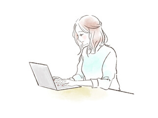 ノートパソコンを操作している女性のイラスト