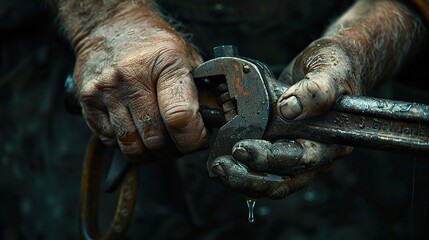 The Art of Pipe Repair: Man's Hand Gripping Pipe Wrench, Captured in Warm Afternoon Sunshine - Ideal for DIY and Professional Guides