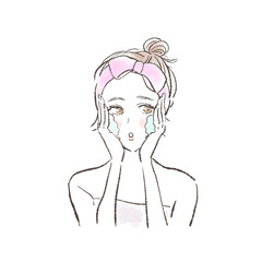 洗顔をしてスキンケアをする女性のイラスト
