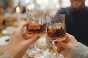 Close-up of two people enjoying a toast with whiskey glasses in a warm, inviting atmosphere