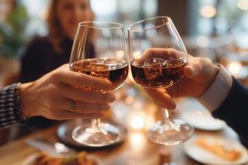 Hands of two individuals toasting with whiskey glasses in an elegant, contemporary dining environment