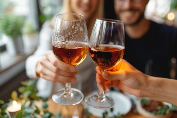 Obraz premium Two people in a casual setting are toasting with cognac glasses, symbolizing a friendly encounter