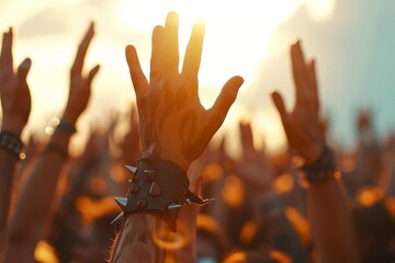 Energetic crowd raising hands at a concert with sunlight shining through