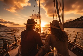 a man and woman sitting on a boat at sunset - obrazy, fototapety, plakaty