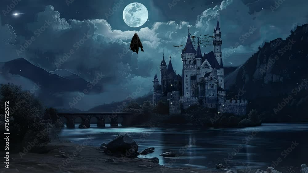 Poster scene with castle and moon. seamless looping time-lapse virtual 4k video animation background