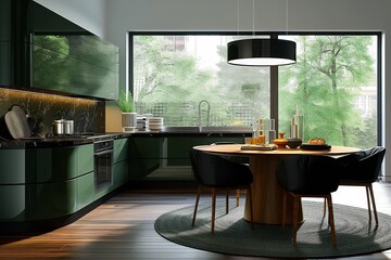 Contemporary kitchen featuring dark green cabinetry and large windows with a nature view