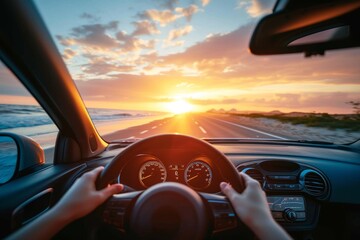 Captivating image capturing the essence of a road trip with a sunset view from inside the car, creating a sense of adventure