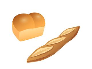 山型パン（イギリスパン）とフランスパン（バタール）のイラストセット