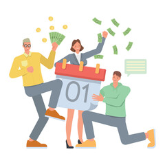 Business salary illustration concept. Office man and woman character vector design. Business people are happy to receive a salary increase on isolated white background.