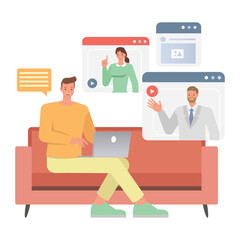 Business remote work illustration concept. Office man and woman character vector design. Business people working in home planning, thinking and economic analysis on isolated white background.