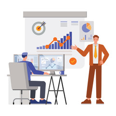 Business results illustration concept. Business people working in office planning, thinking and economic analysis. Office man character vector design. 