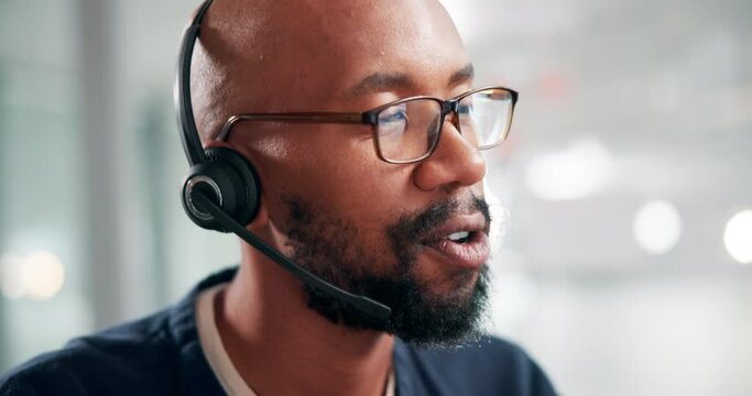 Customer service, telemarketing and call center with black man, communication and connection in workplace. African person, employee or insurance agent with headphones and tech support with consultant