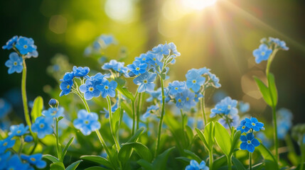 A row of delicate forgetmenots each tiny blue flower seeming to shine in the suns rays ping through their petals.