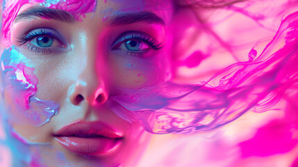 A mesmerizing portrait of a woman adorned with vibrant magenta eyeshadow and purple lipstick, her blue eyes radiating with a touch of pink smoke, capturing the essence of colorfulness and femininity