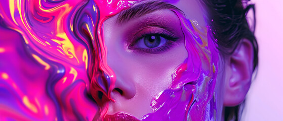 A vibrant and daring woman adorned in magenta and violet makeup, with dramatic eyelashes and a bold lipstick, showcasing her artistic eye for a colorful and expressive look