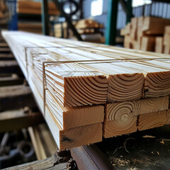 Freshly cut wooden planks stacked at a sawmill.